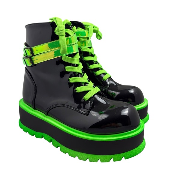 Demonia Slacker 52 Platform Combat Boots Womens Size 9 Black Neon Green Patent - Picture 2 of 9